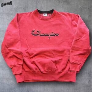 Vtg Champion Sweatshirt Crewneck L Red 90s Spellout Logo USA